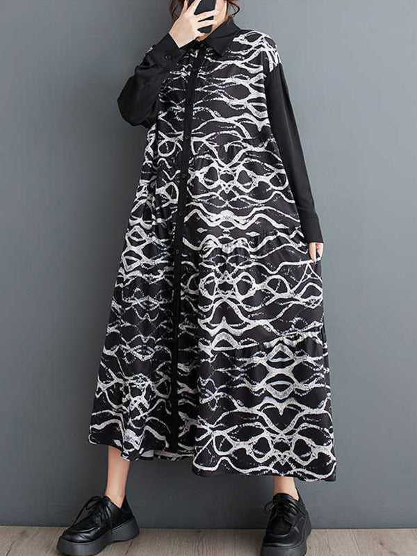 A-Line Long Sleeves Buttoned Contrast Color Printed Lapel Midi Dresses Shirt Dress