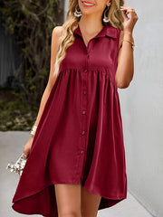 A-Line High Waisted Buttoned Pleated Pockets Solid Color Lapel Mini Dresses