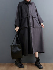 Casual Long Sleeves Loose Buttoned Contrast Color Split-Joint Lapel Collar Midi Dresses