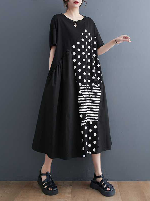 A-Line Loose Asymmetric Pockets Polka-Dot Split-Joint Round-Neck Midi Dresses