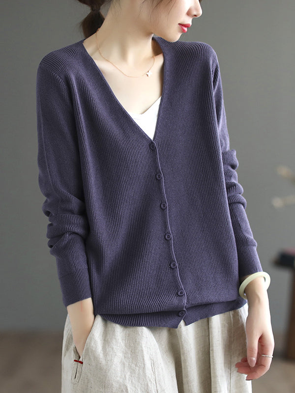 Long Sleeves Loose Solid Color V-Neck Cardigan Tops