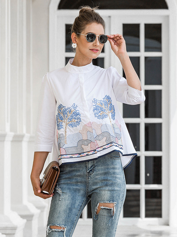 Casual Three-Quarter Sleeves Loose Embroidered Stand Collar Blouses&Shirts Tops