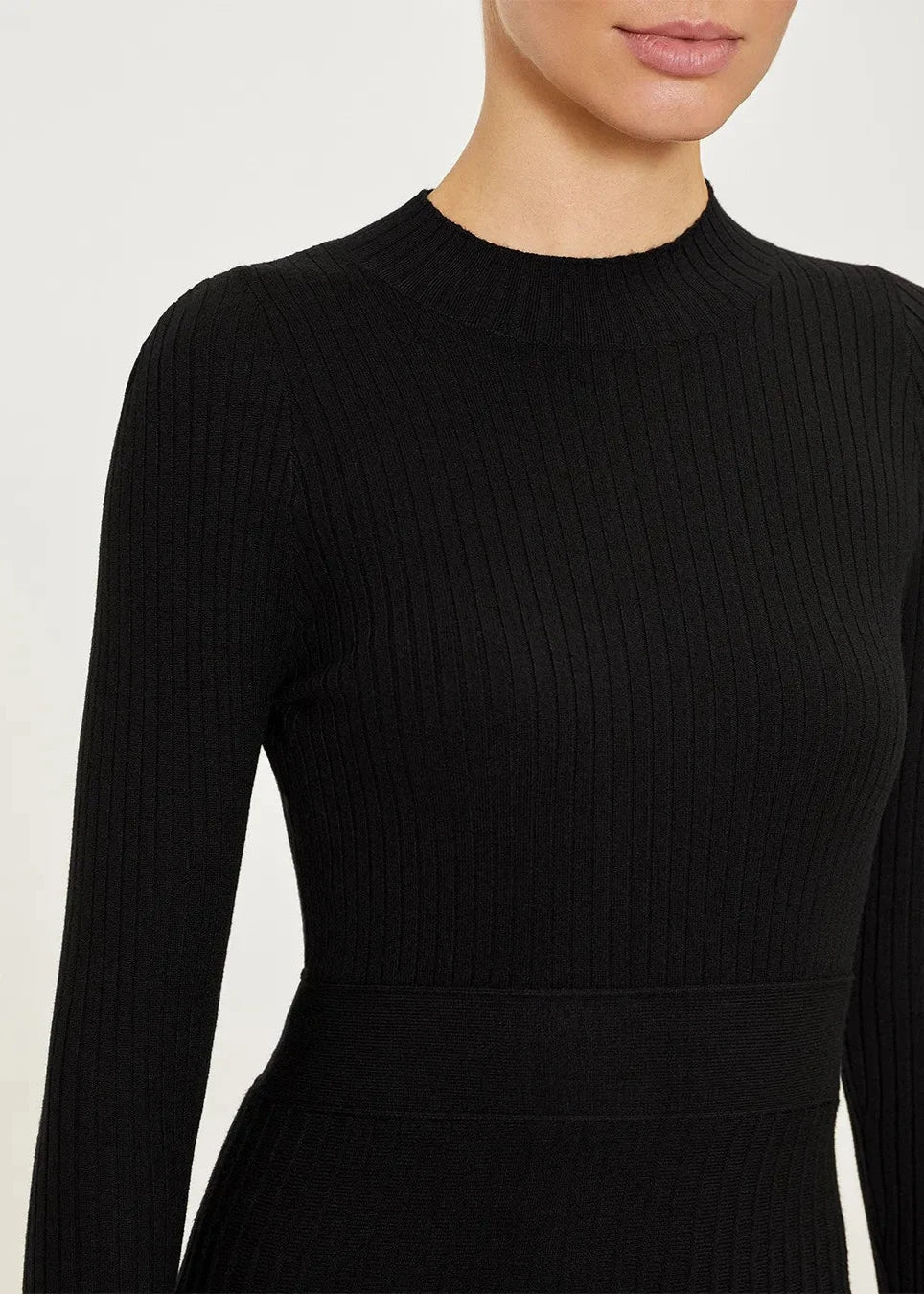 Elegant Ribbed Pleated Knit Dress - Half Turtleneck Long Sleeve