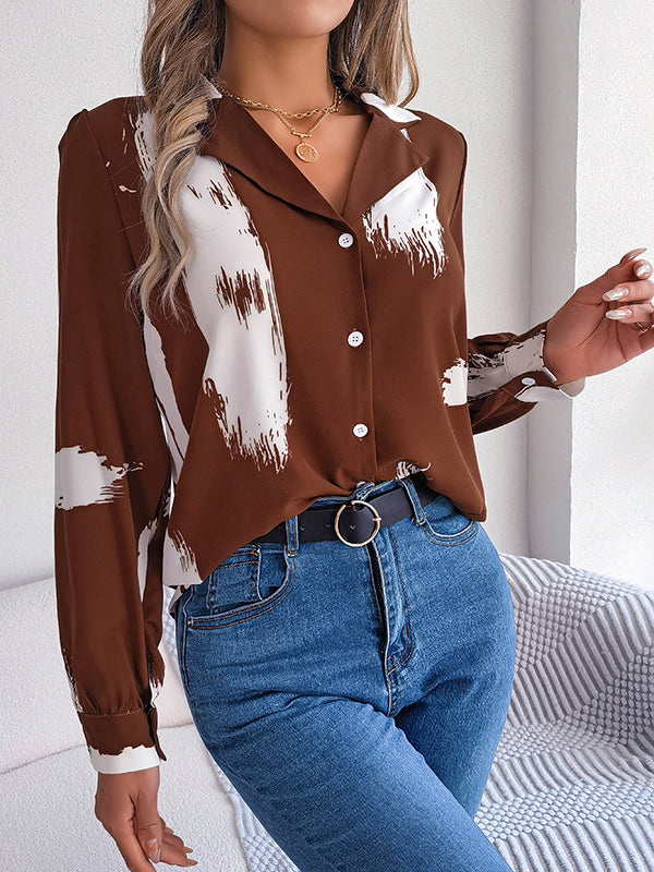 Long Sleeves Loose Buttoned Printed Notched Collar Blouses&Shirts Tops