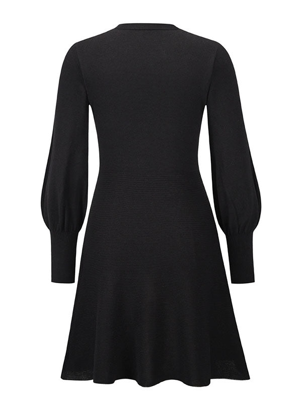 Puff Sleeves Wrap Solid Color Round-Neck Sweater Dress