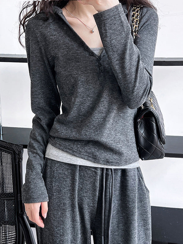 Long Sleeves Buttoned Hooded  T-Shirts Top + Vest Top + Wide Leg Drawstring Elasticity Pants Bottom Three Pieces Set