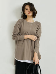 Simple Long Sleeves Loose Split-Side Solid Color Round-Neck T-Shirts Tops