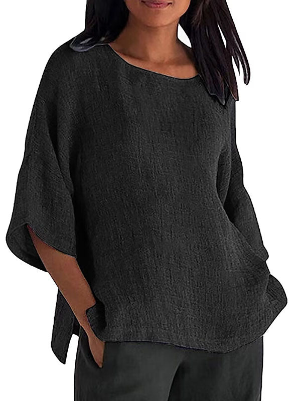 Linen Three-Quarter Sleeves Solid Color Split-Joint Split-Side Round-Neck T-Shirts Tops