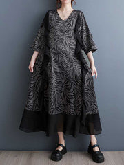 A-Line Batwing Sleeves Ruffled Split-Joint Zebra-Stripe V-Neck Midi Dresses