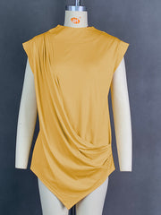 Loose Sleeveless Asymmetric Pleated Solid Color Split-Joint Mock Neck T-Shirts Tops