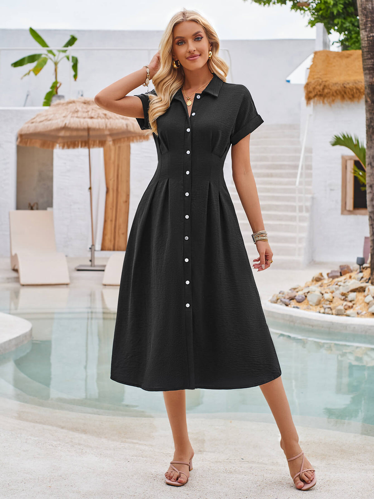 Abigail Collared Midi Shirt Dress - Black