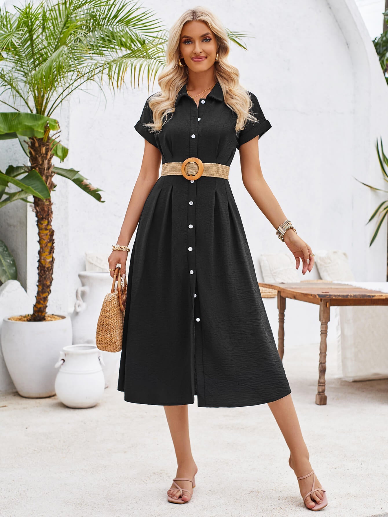 Abigail Collared Midi Shirt Dress - Black