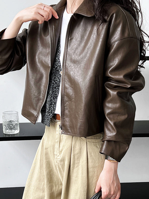 Long Sleeves Loose Solid Color Zipper Lapel Collar Jackets&Coats Outerwear