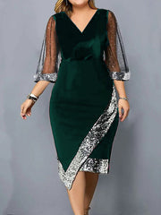 Bodycon Wrap Contrast Color Mesh Sequined Split-Joint V-Neck Midi Dresses