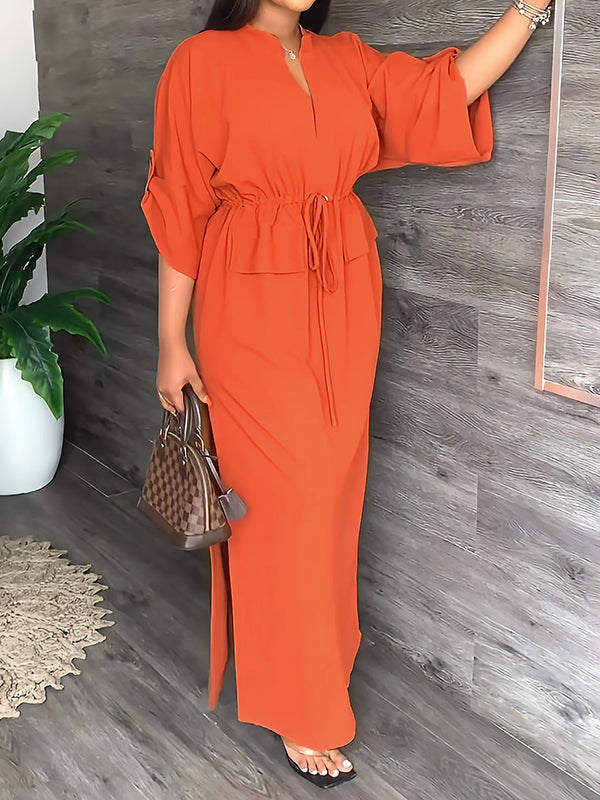 Loose Drawstring Solid Color Split-Side V-Neck Maxi Dresses