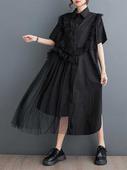 A-Line Half Sleeves Asymmetric Buttoned Ruffled Solid Color Split-Joint Lapel Midi Dresses Shirt Dress