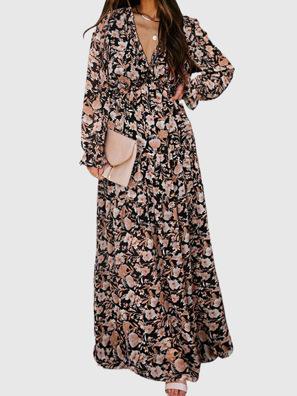 High Waisted Long Sleeves Flower Print Pleated Ruffled V-Neck Maxi Dresses