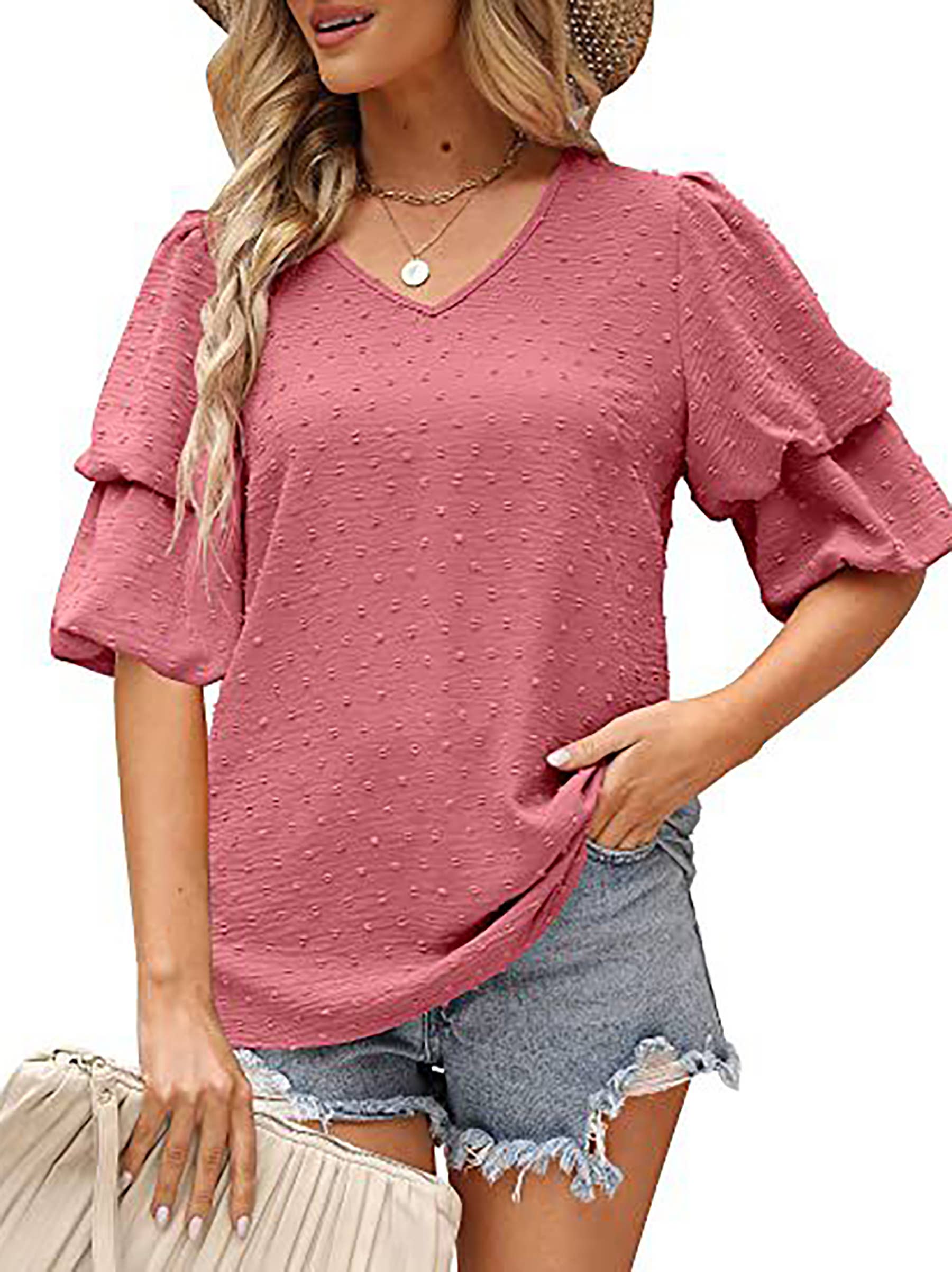 Solid Color Bubble Sleeved V-Neck Short Sleeved Top