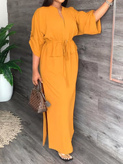 Loose Drawstring Solid Color Split-Side V-Neck Maxi Dresses