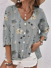 Long Sleeves Loose Buttoned Flower Print V-Neck Blouses&Shirts Tops