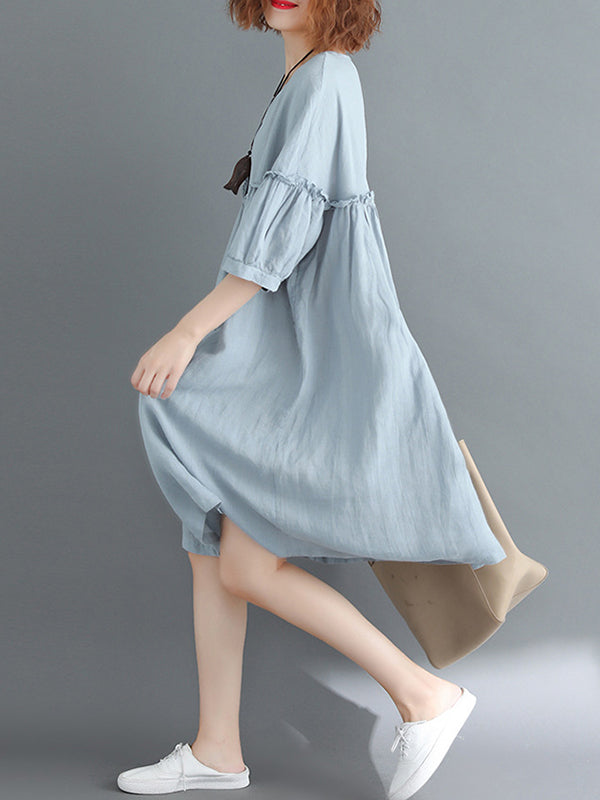 Artistic Retro Loose Falbala Solid Color Pleated Midi Dress