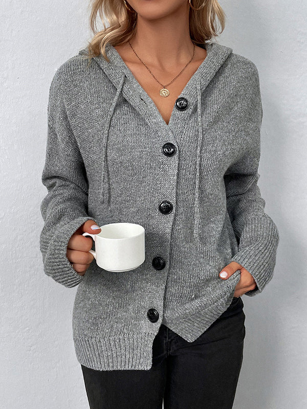 Wrap Buttoned Hooded Solid Color Cardigan