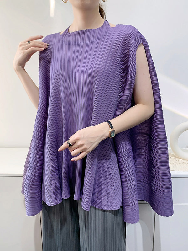 Loose Sleeveless Pleated Solid Color Halter-Neck T-Shirts Tops