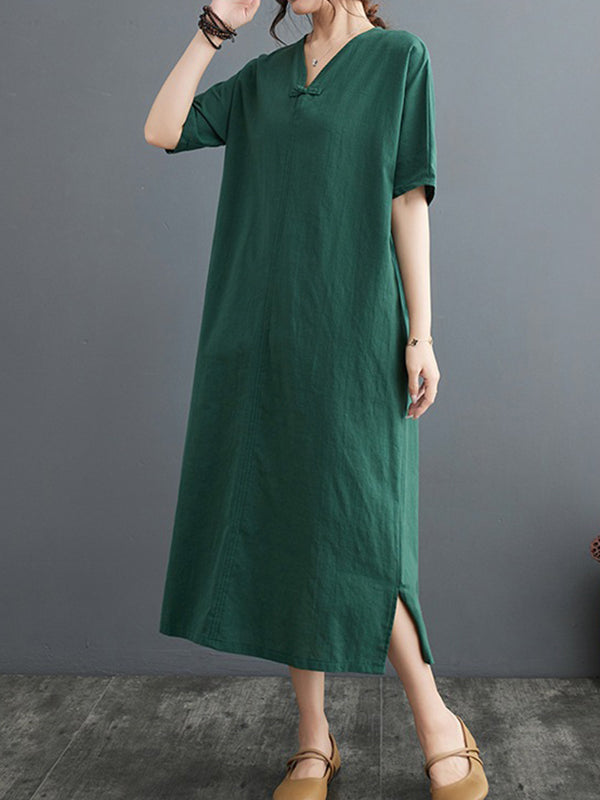 A-Line Loose Chinese Frog Buttons Pockets Solid Color Split-Side V-Neck Midi Dresses