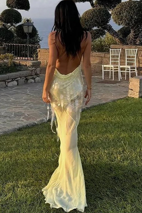 Deep V Neck Sequins Fishtail Hem Backless Gowns Slip Maxi Dresses-Yellow