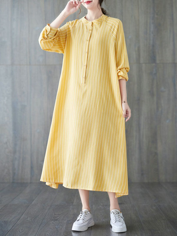 Long Sleeves Loose Buttoned Split-Side Striped Round-Neck Midi Dresses Shirt Dress