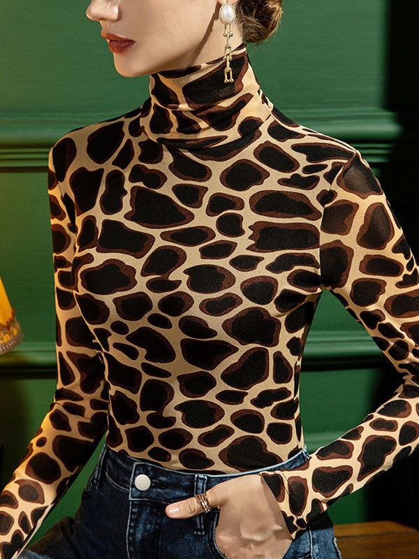 Long Sleeves Skinny Leopard High-Neck T-Shirts Tops