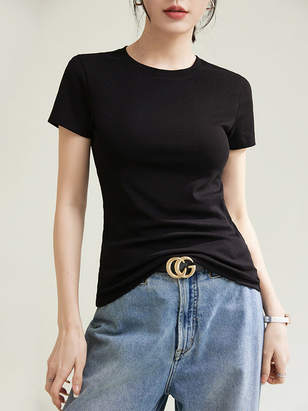 Short Sleeves Skinny Solid Color Round-Neck T-Shirts Tops