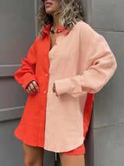 Loose Long Sleeves Contrast Color Split-Joint Lapel Blouse + Solid Color Shorts Two Pieces Set