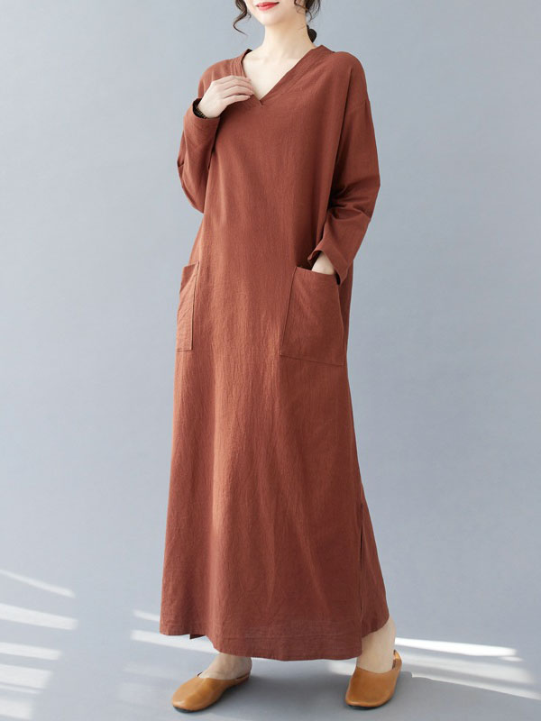 A-Line Long Sleeves Pockets Solid Color Split-Side V-Neck Maxi Dresses