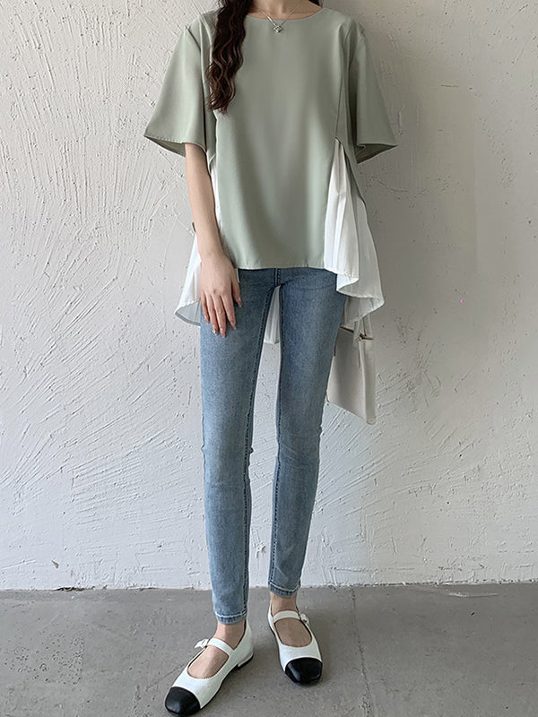 Half Sleeves Irregularity Split-Joint Round-Neck T-Shirts Tops