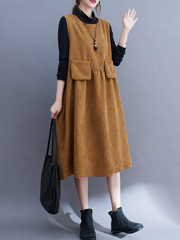 Artistic Retro Loose Sleeveless Solid Color Round-Neck Midi Dresses