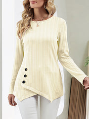 Long Sleeves Loose Asymmetric Buttoned Round-Neck T-Shirts Tops