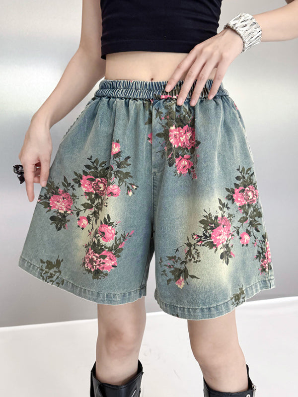 Loose Wide Leg Elasticity Floral Printed Split-Joint Shorts Bottoms