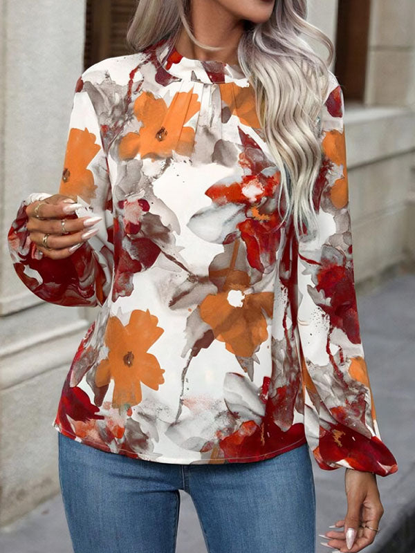 Long Sleeves Loose Elasticity Flower Print Pleated Mock Neck Blouses&Shirts Tops