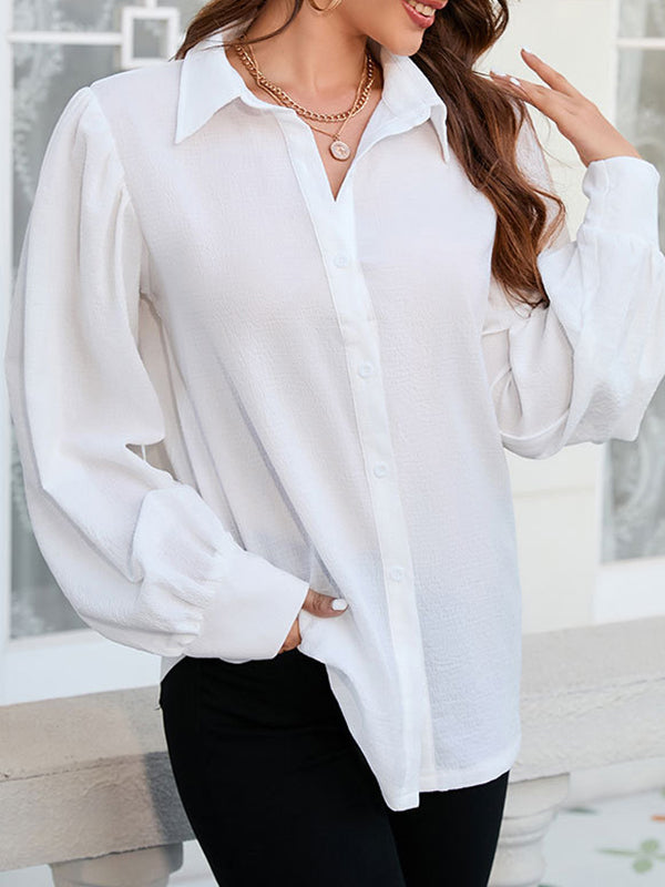 Long Sleeves Loose Buttoned Solid Color Split-Joint Lapel Blouses&Shirts Tops