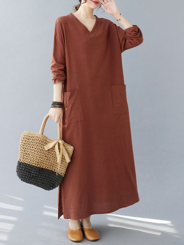 A-Line Long Sleeves Pockets Solid Color Split-Side V-Neck Maxi Dresses