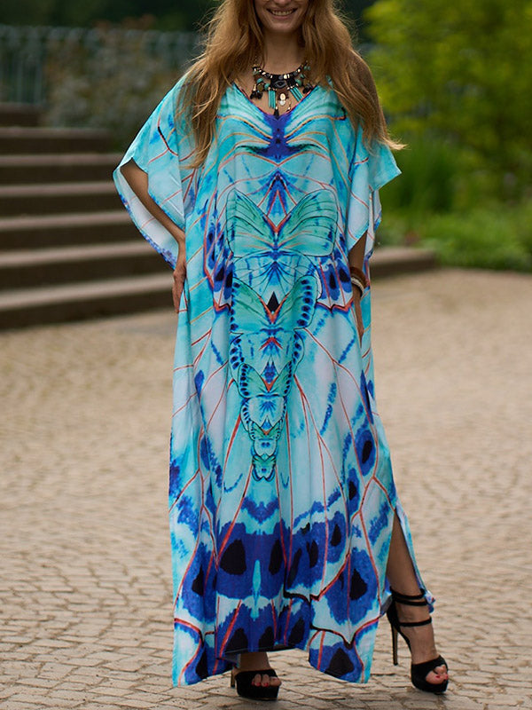 Batwing Sleeves Loose Butterfly Print Split-Side V-Neck Beach Cover-Up Maxi Dresses