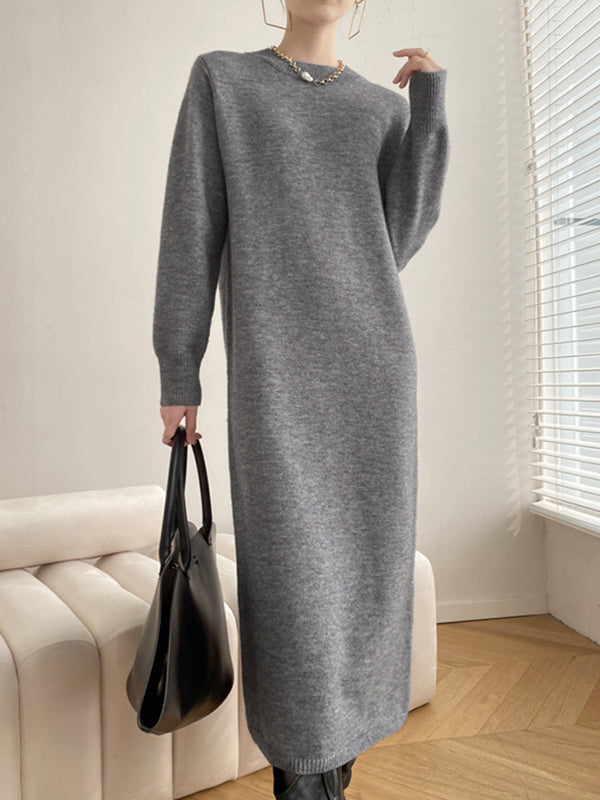 Urban Loose Long Sleeves Solid Color Round-Neck Sweater Dresses