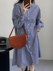 Long Sleeves Loose Striped Round-Neck Midi Dresses Shirt Dress