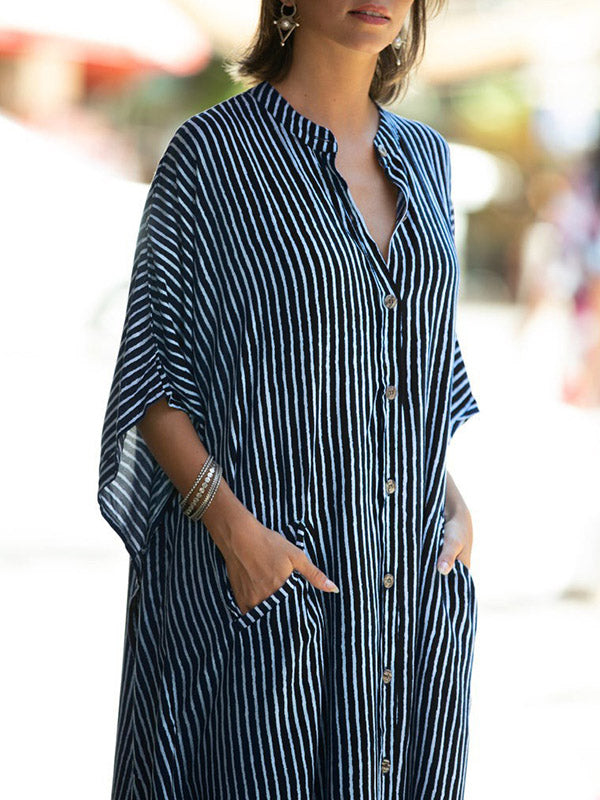 Batwing Sleeves Half Sleeves Buttoned Pockets Striped Round-Neck Beach Cover-Up Maxi Dresses