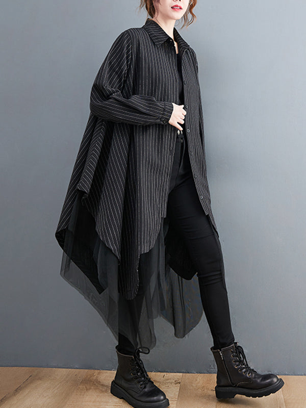 Loose Striped Gauze Split-Joint Lapel Long Dress