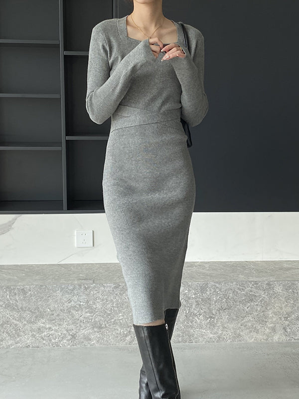 Simple Skinny Long Sleeves Solid Color Square-Neck Sweater Dresses