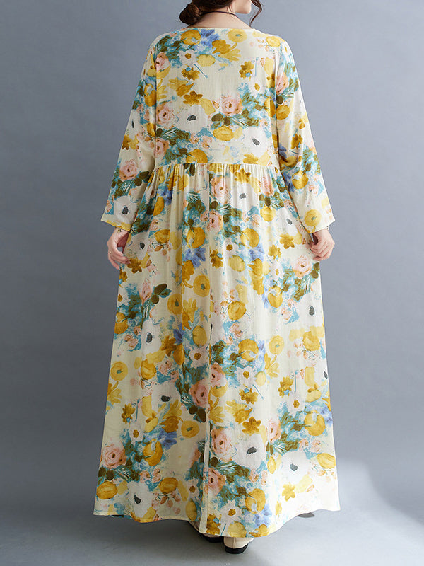 Long Sleeves Loose Flower Print Split-Joint Round-Neck Midi Dresses