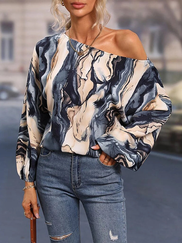 Long Sleeves Loose Asymmetric Printed One-Shoulder Blouses&Shirts Tops