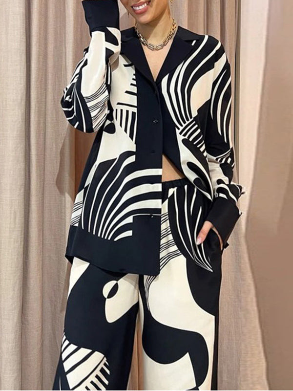 Long Sleeves Loose Contrast Color Pockets Printed Blouses&Pants Suits